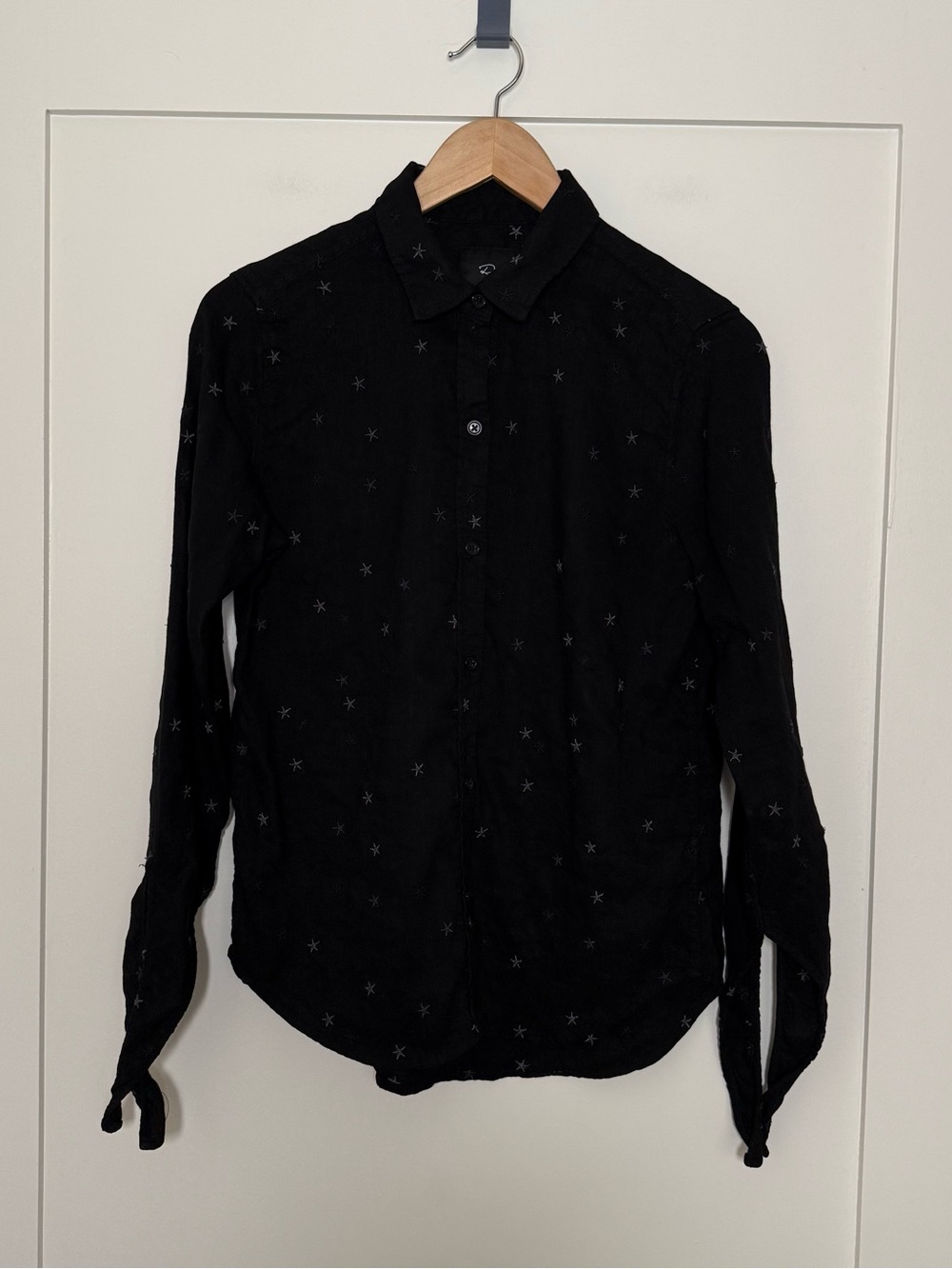 Rails Robyn Black Star Blouse Womens Sz S Embroidered Tie Sleeve Linen Blend